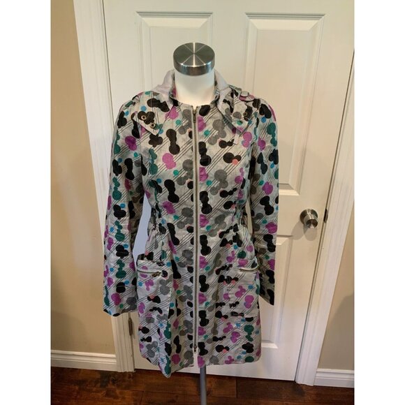 Nick & Mo Anthro Gray Multicolor Polka Dot 100% Linen Hooded Trench Coat, Size S - Picture 1 of 9
